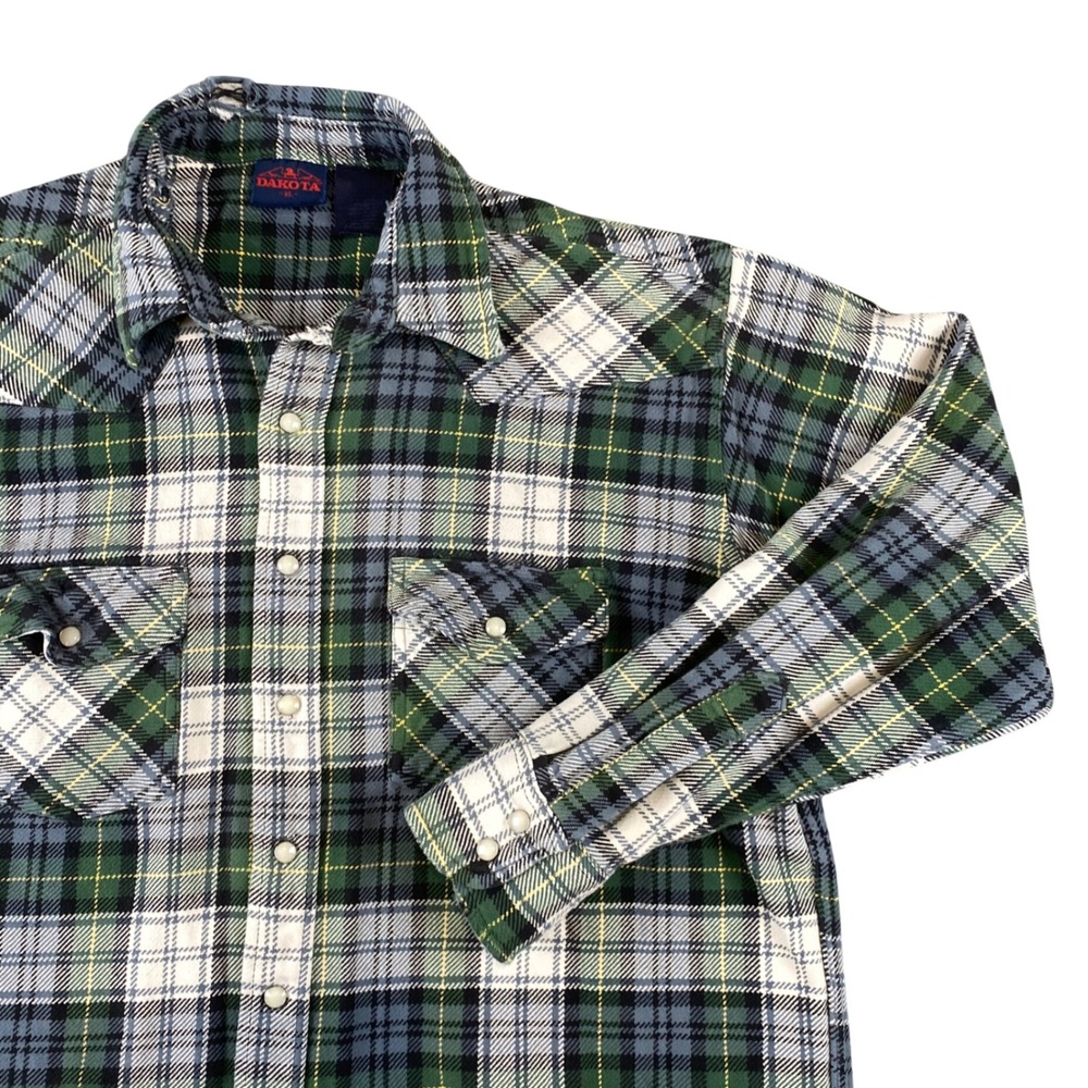Vintage Dakota Mens XL Plaid Flannel Pearl Snap Western Shirt Green Blue Distres